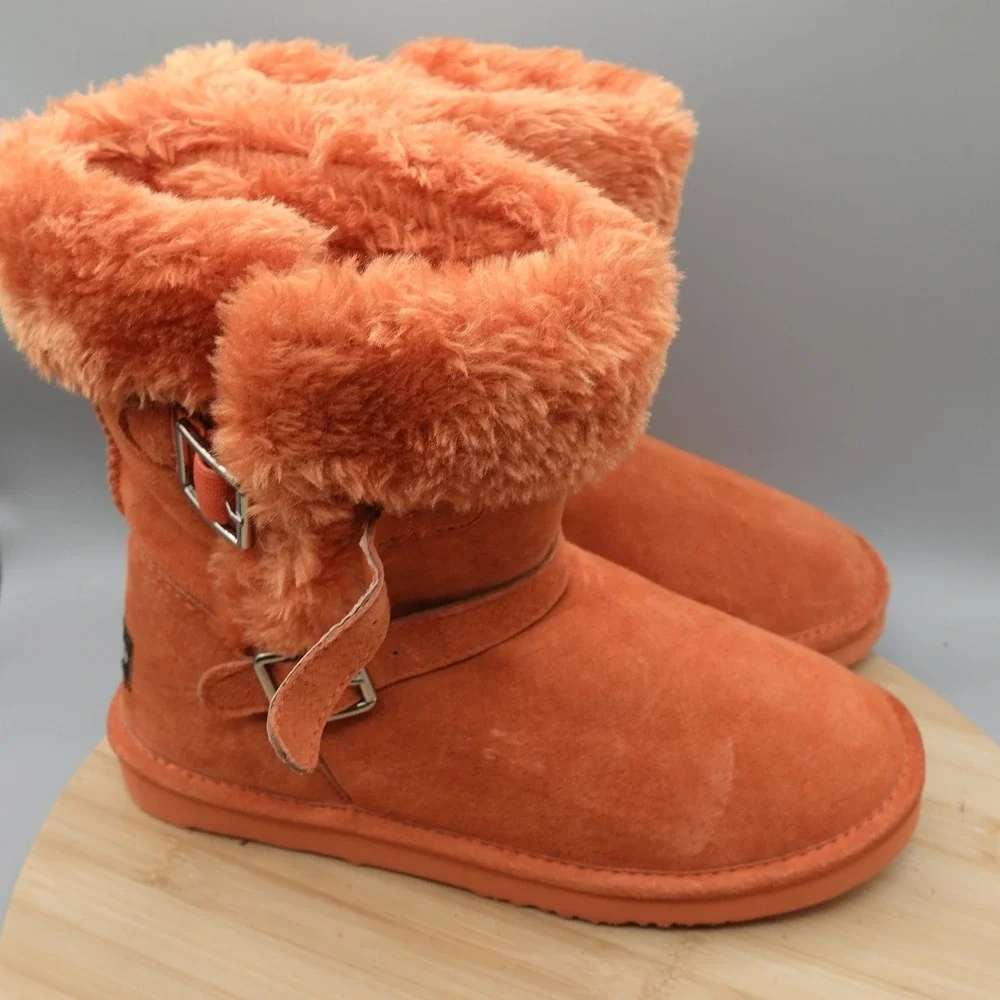 Lamo Boots Womens 7 Orange Suede Faux Fur Buckle Winter Boots Outdoors Flaw